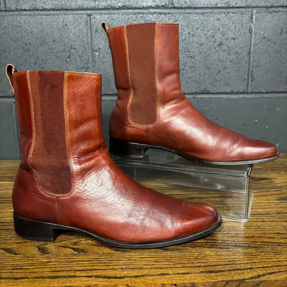 Vintage Lands’ End Brown Leather Chelsea Boots Square Toe Ankle Womens 9.5 - Picture 1 of 8